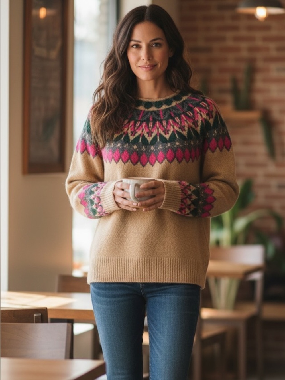 CeCe Tan Fair Isle Cowl Neck Sweater with Pink & Green Accents